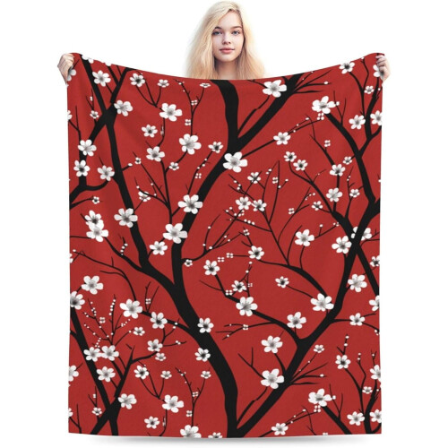 Red Cherry Blossom Flannel Throw Blanket 50" x 40" 1
