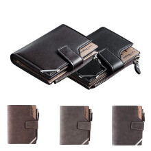 Short Wallet for Men Multiple Card Slots Retro Leather Button Purses RFID Blocking Bifold Work and Daily Zipper Pocket Black