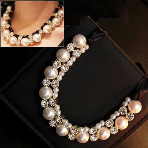 Collana girocollo da donna con perle finte e strass bianchi 1