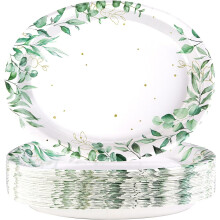 Sage Green Oval Paper Plates – Heavy Duty, Disposable, Watercolor Eucalyptus Design, Compatible with Picnic, Wedding & Dinner