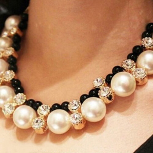 Collana girocollo da donna con perle finte e strass bianchi 2