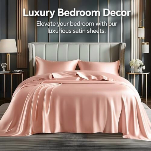 Queen Satin Sheets Set 4-Piece Coral Pink 1