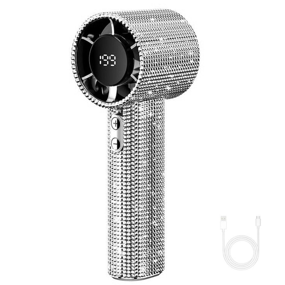 Portable Handheld Fan With Luxury Rhinestone Design, Usb Rechargeable, 199 Speeds, Silver 9771547167242