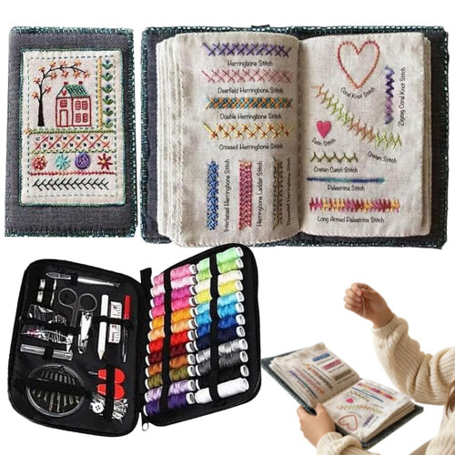 Portable Embroidery Stitch Book Kit: 86pcs 18-color threads, 106 patterns, full toolkit & tutorial — compatible with all skill levels