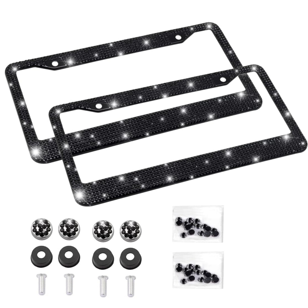 2-Pack Bling License Plate Frame W/ Rhinestones & Crystal Screws Â Stainless Steel Holder For Women, Car Accessories (Black) Black 9175034205354