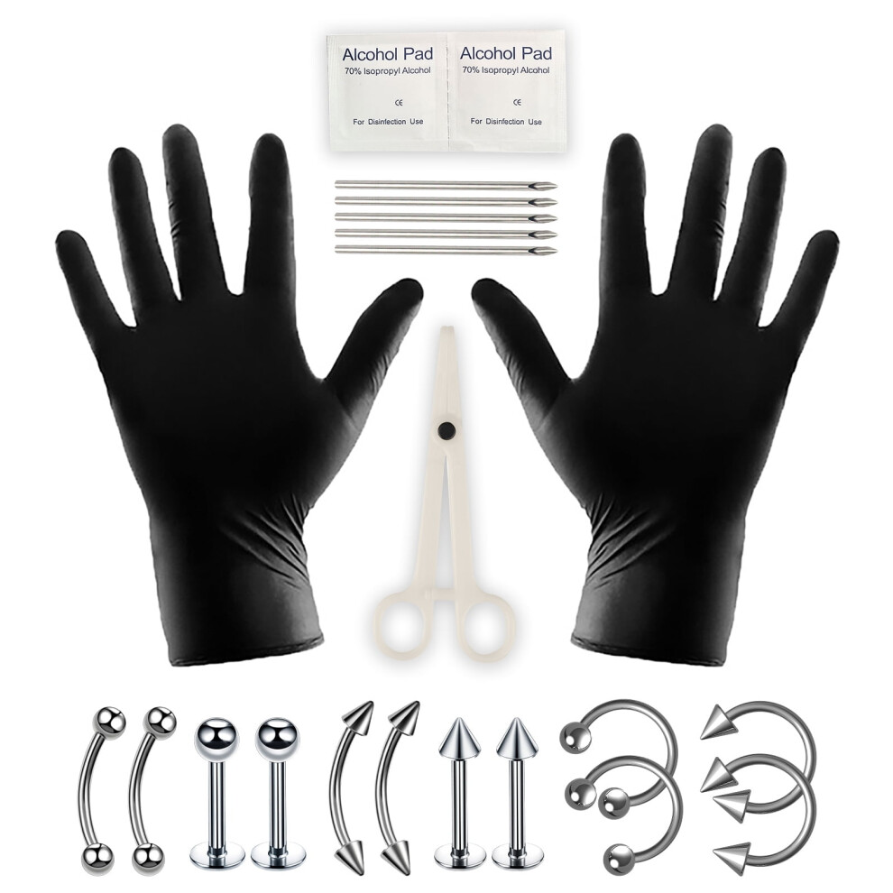 Designice 22Pcs Piercing Kit Nose Piercings Nose Ring Surgical Steel Piercing Jewelry Tool