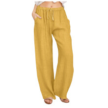 Women's Relaxed Fit Wide Leg Cotton-Linen Slacks, Elastic Waist & Drawstring, Casual/Work Trousers