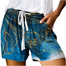 Shorts met trekkoord voor dames, zomer (niet gepositioneerd), bedrukt, meerdere zakken, vetersluiting, donkerblauw