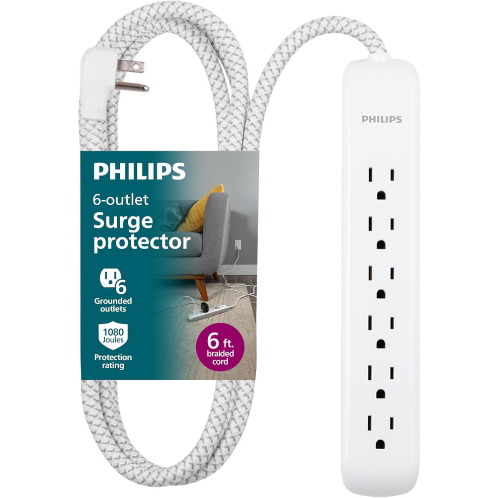 6-Outlet Surge Protector Power Strip, 6Ft Braided Cord, Flat Plug, 1080J, White Â Compatible With Us Outlets 9028731275468