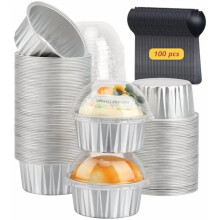 Cupcakevormpjes van aluminiumfolie van 140 gram met deksels, verpakking van 100 mini-muffinvormpjes, wegwerp bakvormpjes – zilver