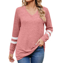 Blusas da moda para o outono, blusas de manga comprida com decote em V, opção para presente, blusa color block.