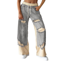 Dámské džíny Distressed Denim & Crop Mikina s kapucí, strečový pas, stahovací šňůrka, široké nohavice, velikost S-3XL