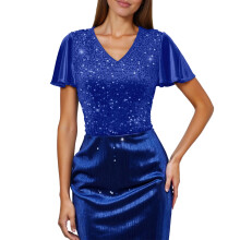 Haut à sequins pour femme, manches courtes, blouse de fête tendance, col rond ample, haut élégant et scintillant pour les soirées et le