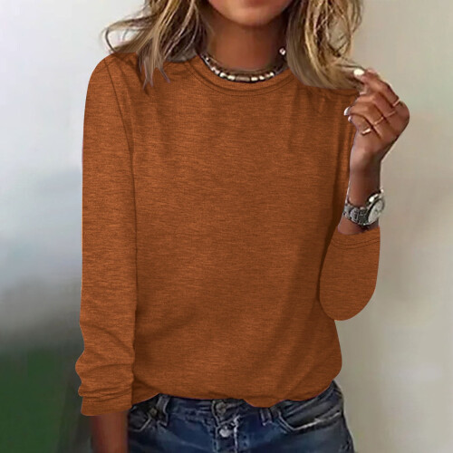 Polyester-Langarmhemden für Damen, Rundhalsausschnitt, einfarbig, elegant und lässig 1