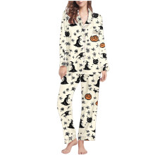 Ensemble pyjama femme Halloween imprimé fantôme mignon, manches longues, col, vêtement de nuit confortable, tailles S à 2XL, beige