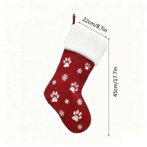 Meia de Natal vermelha com bordado de pata de cachorro e floco de neve 2