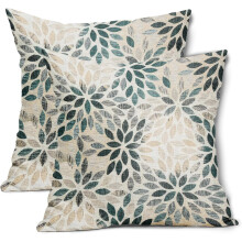 Blågrønne dahlia-putetrekk 45x45 cm, rustikk geometrisk blomsterdesign, beige/brun/grå, gårdshusdekor, sett med 2