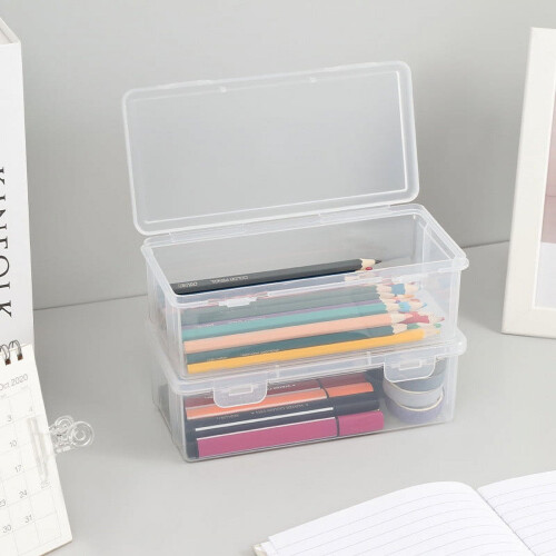 Plastic Pencil Case Box, Large Crayon Maker Pen Organizer, Clear Plastic Containers with Snap Lids, Stackable Storage Boxes Office Supplies, 3 Pack 2