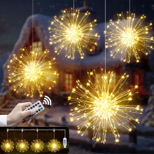 Świąteczne wiszące lampki fajerwerkowe, 4 sztuki, 360/480 diod LED, lampki choinkowe Starburst, 8 trybów, zasilanie przez USB, wodoodporność,