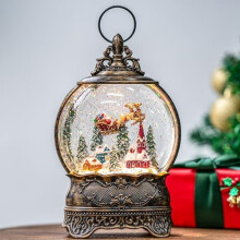 Lighted Christmas Village Snow Globe with Flying Santa, Musical & Glittering, Battery/USB Powered Home Decoration