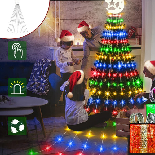 Solar Christmas Star Lights, 9.8ft Waterfall Tree Lights, 8 Modes + Timer + Remote, USB Powered, Multicolor, Compatible with Outdoor/Indoor Use 2