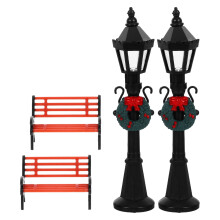 2 sets miniatuur straatlantaarnbankjes en -stoeltjes in diverse kleuren, kerstdorplantaarnpaal voor modelspoorbaan