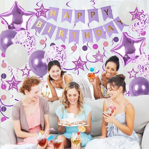 Ensemble de décoration d'anniversaire violet avec banderole, ballons et 1