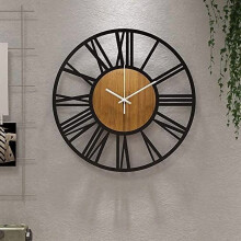 16" Silent Vintage Wall Clock with Roman Numerals – Black Metal & Wood, Compatible with Living Room, Bedroom, Kitchen, Office, Cafe