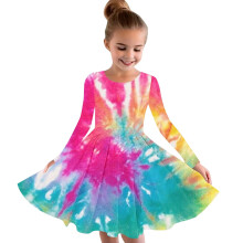Kids Girls Fall Long Sleeve Tie-dye Dress Party Swing A Line Dress Casual Strechy Crewneck Flowy Dress Twirly School Recital Dress Red