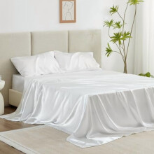 4-teiliges Satin-Bettwäscheset (Kingsize) – Weiß, seidig, tiefe Taschen, luxuriöses Seidengefühl (1 Bettlaken, 1 Spannbettlaken, 2