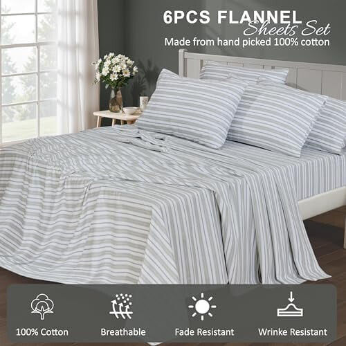 Σεντόνια Flannel Full Size Σετ 6 τεμαχίων, 100% βαμβάκι διπλής πλέξης, βαθιές τσέπες 16", ρίγα 2