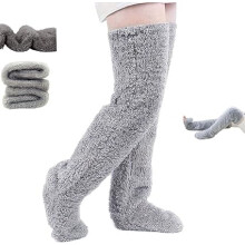 Dames dijhoge sokken/overknee sokken/pantoffels van pluche voor de winter, ideaal om binnen in te slapen, lange, pluizige beenwarmers (grijs)