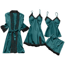 Svarta spetskantade nattkläder, 4-delat set – Linne + Nattlinne + Shorts + Morgonrock 3XL-5XL Plusstorlek Elegant kant för avkoppling och sömn