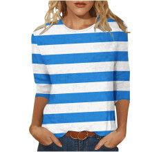 Damen-Tops mit 3/4-Ärmeln, Rundhalsausschnitt, Streifenmuster, Freizeit-Tops