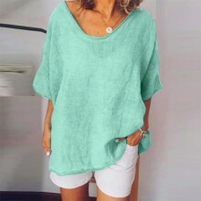 QLEICOM Damen-Sommertops in Übergröße, lässige, lockere Baumwoll-Leinen-T-Shirts, Rundhalsausschnitt, Kurzarmpullover, Grün XXL