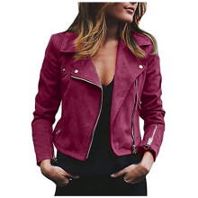 Jaqueta feminina de couro sintético, modelo curto, com abotoamento simples, mangas compridas e zíper frontal, na cor vermelha.