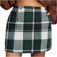 Damen-Minirock mit Karomuster, hohem Bund, elastischem Bund, Knopfverschluss und Taschen, 50 % Wolle/50 % Polyester, lässiger Herbst-/Winterrock,
