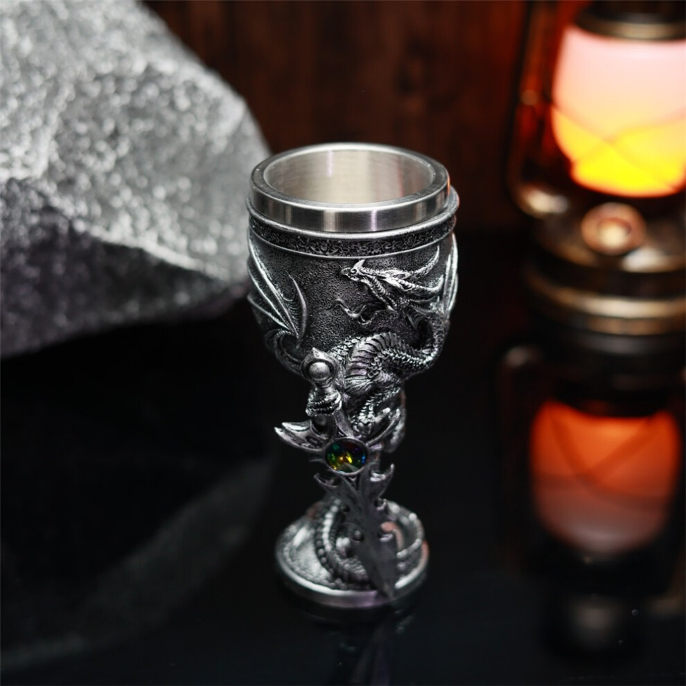 (silver) Creative Dragon Sword Wine Goblet 3D Sculpted High Stem Glass Vintage Style