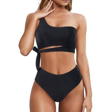 Kukoosong dame todelt ensfarvet bikinisæt med snøre, støttende bralette og højtaljede trusser badetøj badedragter