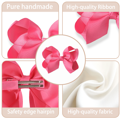 12pcs4.5in Solid Pink Ribbon Hair Bows Voluminous Design Clips 2