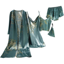 5-delige pyjamaset voor dames met bloemenprint, bestaande uit een nachtjapon, badjas, camisole en short, geschikt voor thuisgebruik, maten S-XL