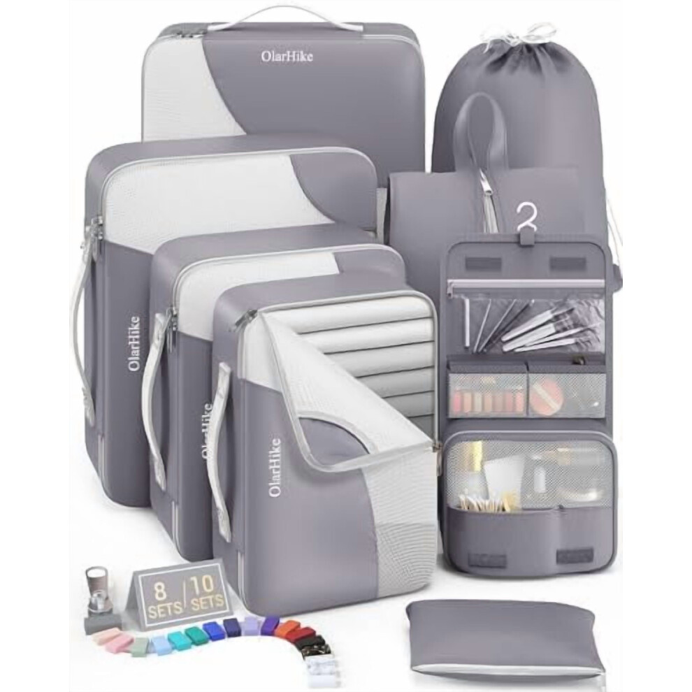 8-Piece Packing Cubes Set for Travel, Compatible with Luggage, Includes Shoe & Hanging Toiletry Bag, Grey-image-OPC-PRF6KB2-NEW