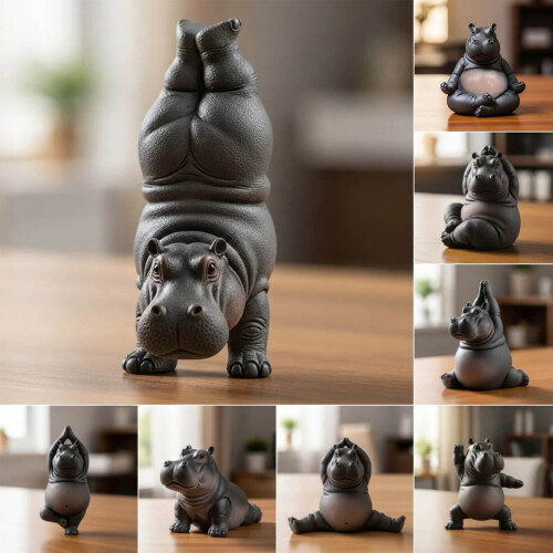 Håndlaget harpiks-flodhest-yogafigur – 8Poses 1