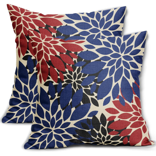 Conjunto de 2 capas de almofada com estampa de dálias em vermelho, azul e preto, 50x50cm (20x20 polegadas).
