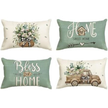 Housses de coussin décoratives « Bless Our Home Farmhouse » à motifs de feuilles d'eucalyptus, 30 x 50 cm, motif camion bleu, lot de 4