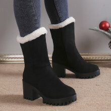 Botas de invierno de algodón con tacón alto grueso y felpa cálida de gamuza lisa YOUSNH para mujer, color negro, talla 6.5.