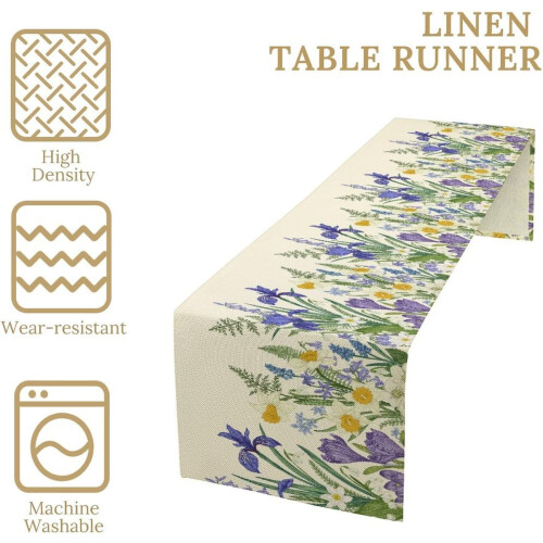 Caminho de mesa de linho 13x90 polegadas com estampa de flores silvestres roxas 2
