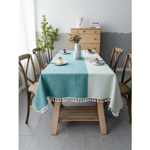 Cotton Linen Rectangular Tablecloth with Stripes and Tassels 1