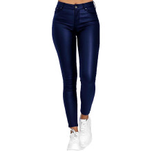 Pantalon long en similicuir pour femme, poches, boutons, taille haute, tendance, uni, noir décontracté.