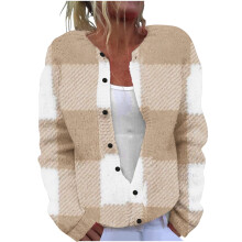 Cárdigan de punto a cuadros para mujer, cuello redondo, puños largos ajustados, botones grandes y holgados, tejido suave y cómodo, blusas